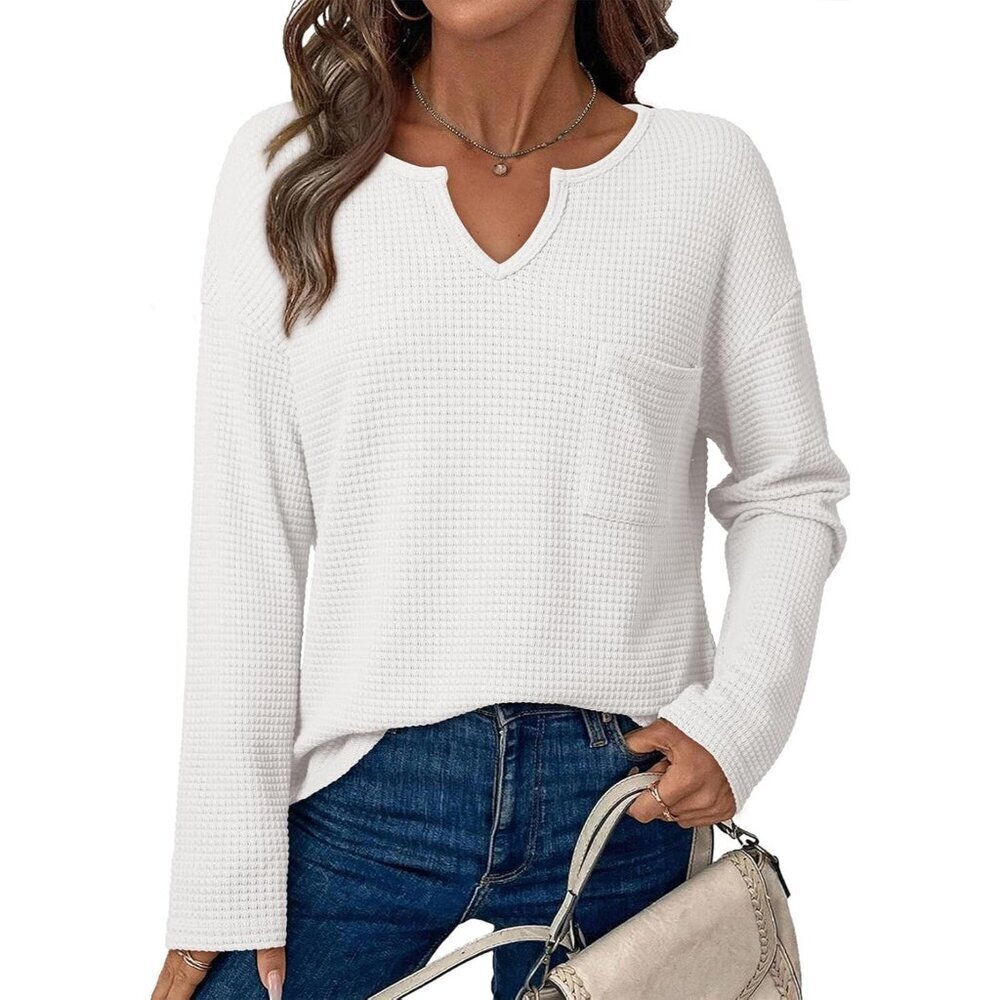 Womens Waffle Knit Long Sleeve Notched V Neck Shirt Casual Lounge Top